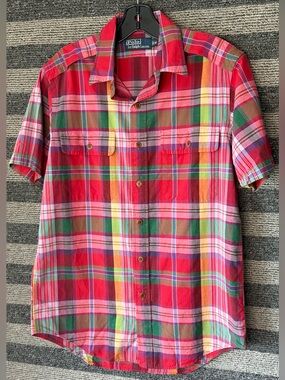 Polo Ralph Lauren Madras Plaid Shirt Safari Red Short Sleeve Men Medium